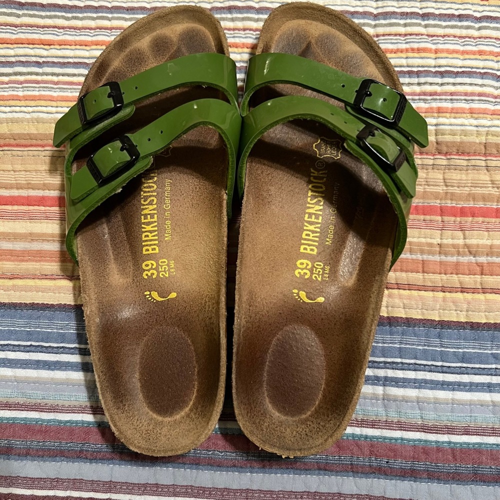 Birkenstock Arizona Green Patent Leather Double Strap Cork Sandals Womens 39 8.5